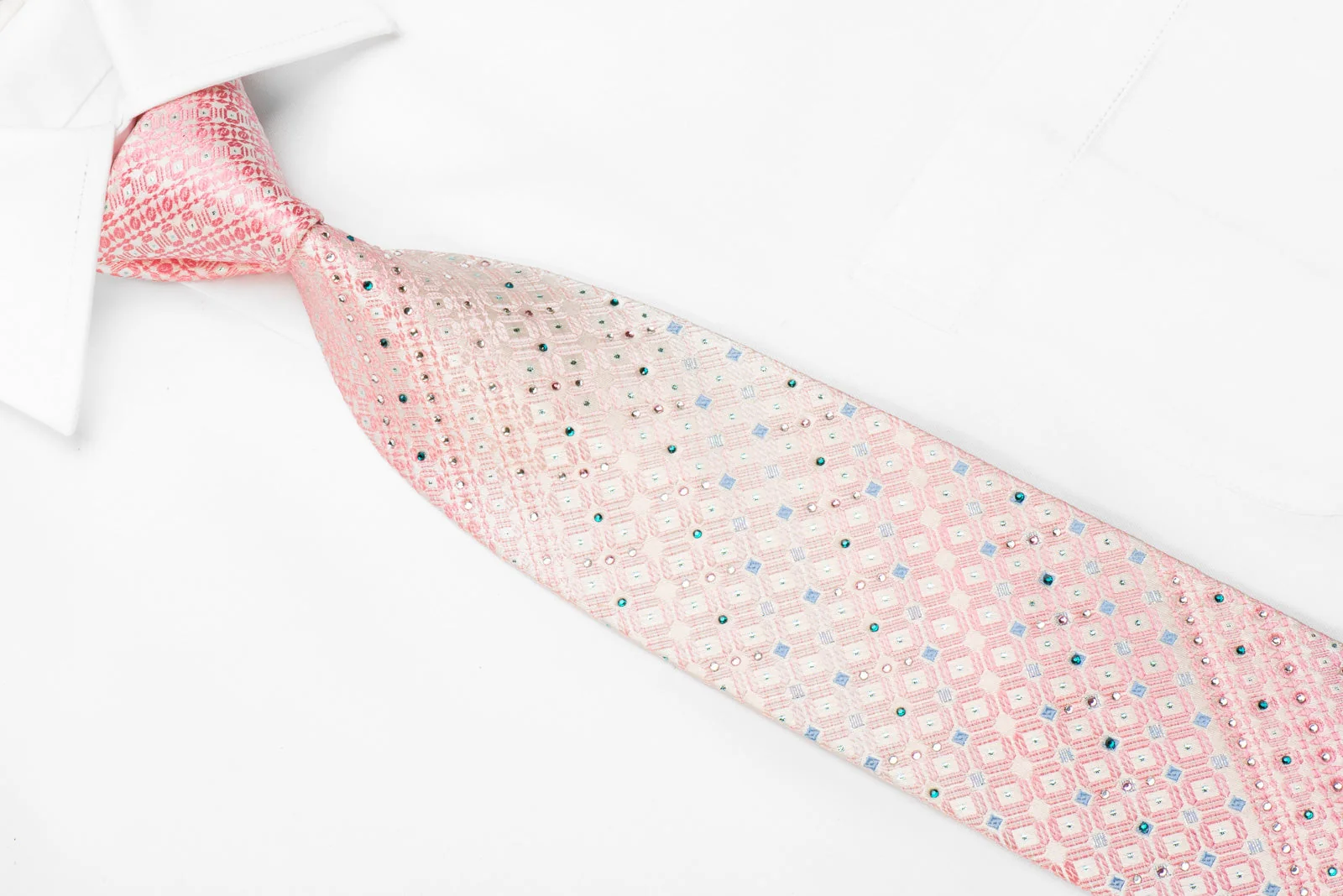 Nicole St Giles Men's Crystal Silk Necktie Pink Geometric On White With Blue Sparkles - Image 2
