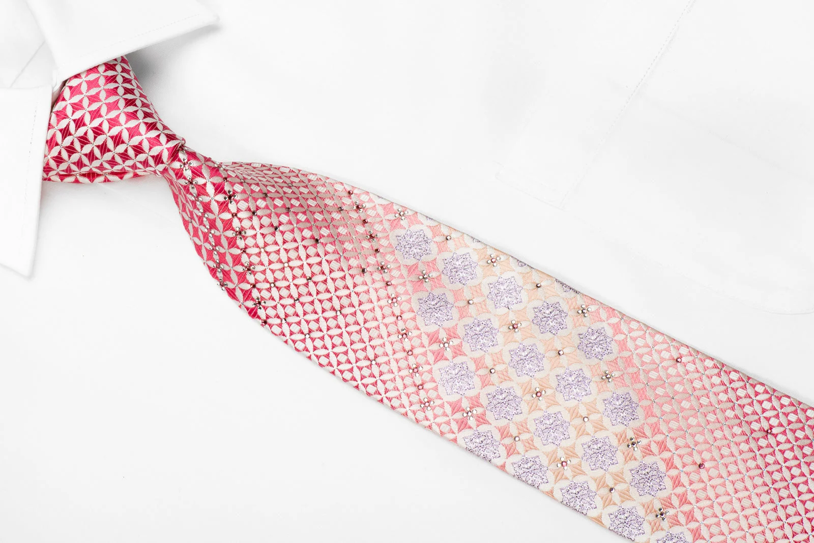 Nicole St Giles Men's Crystal Silk Necktie Pink Geometric On White With Silver Sparkles - Image 3