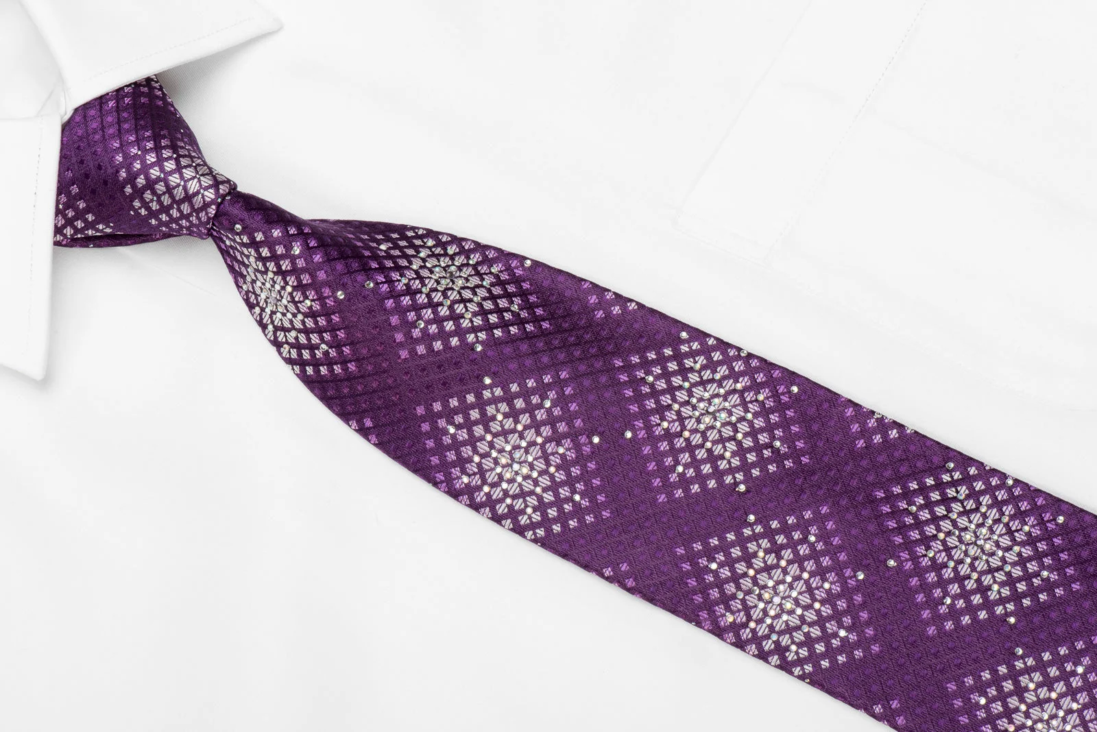 Nicole St Giles Men's Crystal Silk Necktie Silver Geometric On Purple With Sparkles - Image 3