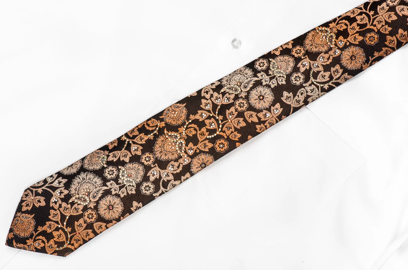 Nicole St Giles Men's Crystal Silk Tie Orange Acanthus On Black With Silver Sparkles - Image 4