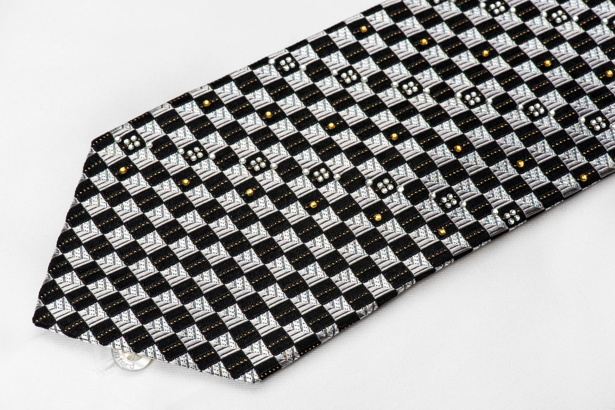 Nicole St Giles Men's Crystal Silk Tie Silver Black Checkered With Gold Sparkles - Image 4
