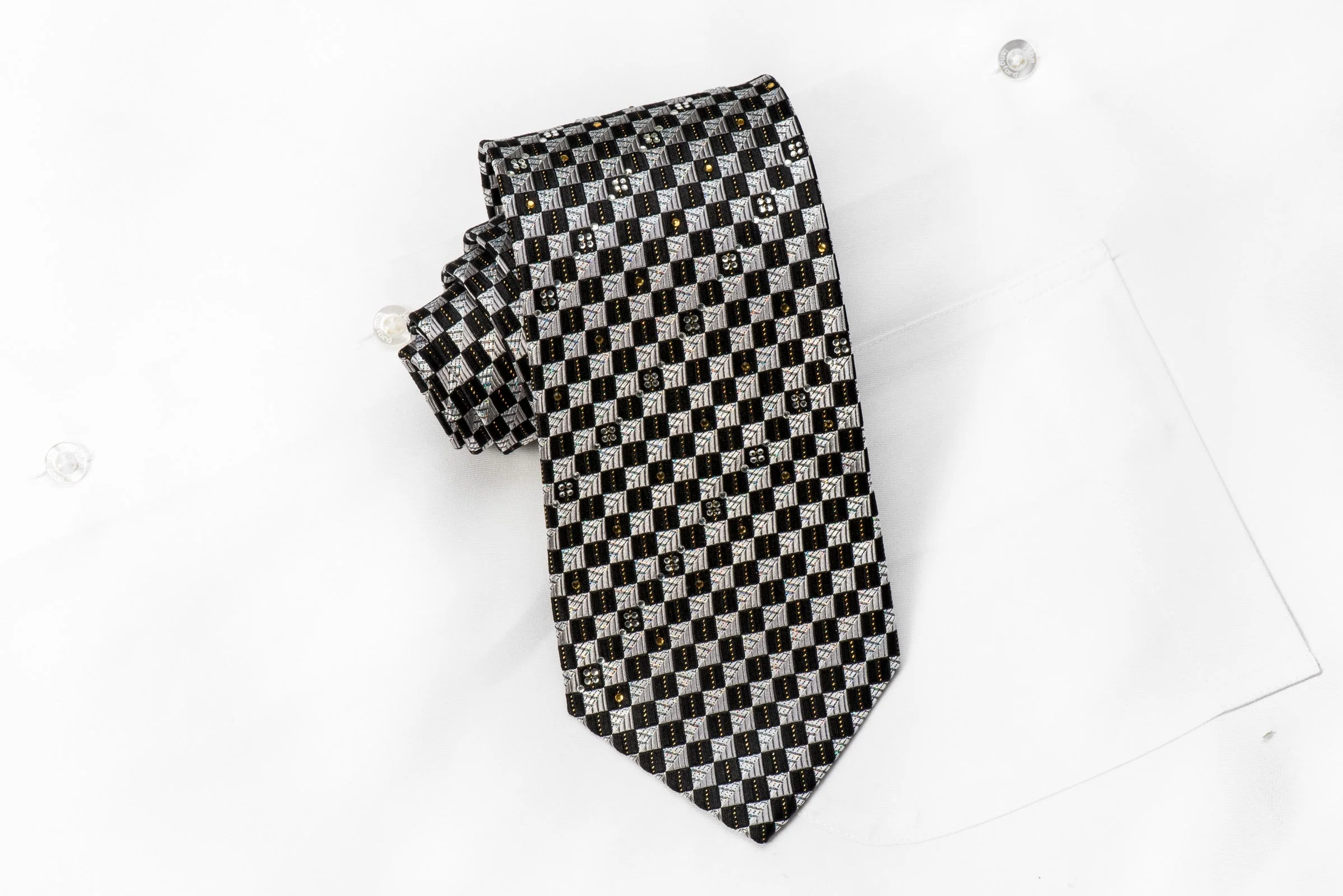 Nicole St Giles Men's Crystal Silk Tie Silver Black Checkered With Gold Sparkles - Image 5