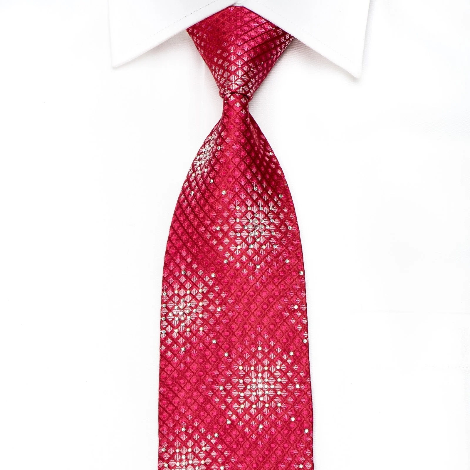 Men's Crystal Tie Geometric On Red Silk With Silver Sparkles