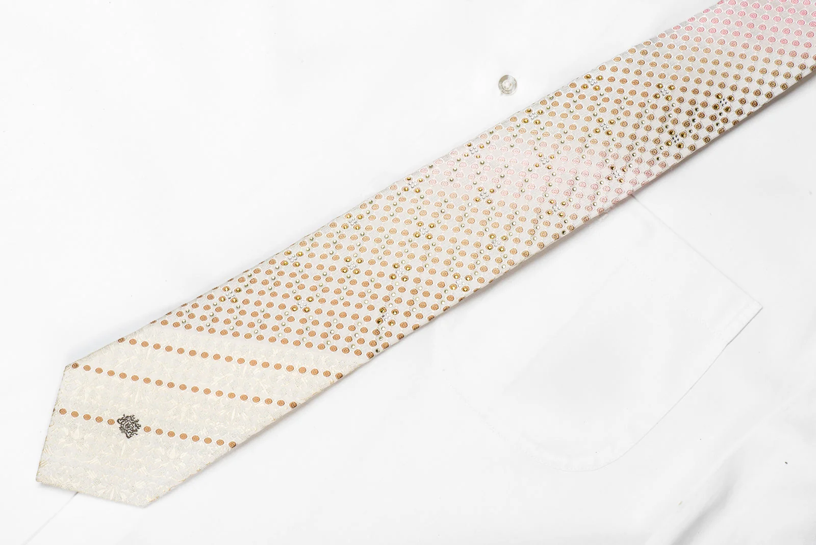 Nicole St Giles Men's Men's Crystal Silk Necktie Pink Beige Checkered On Ivory White Anthemion With Sparkles - Image 6