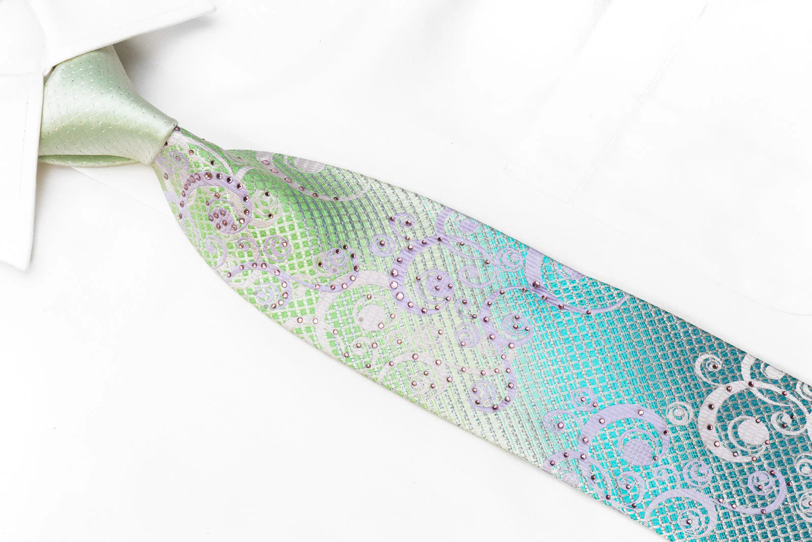 Nicole St Giles Men's Rhinestone Silk Necktie Scrolls On Green With Silver Sparkles - Image 2