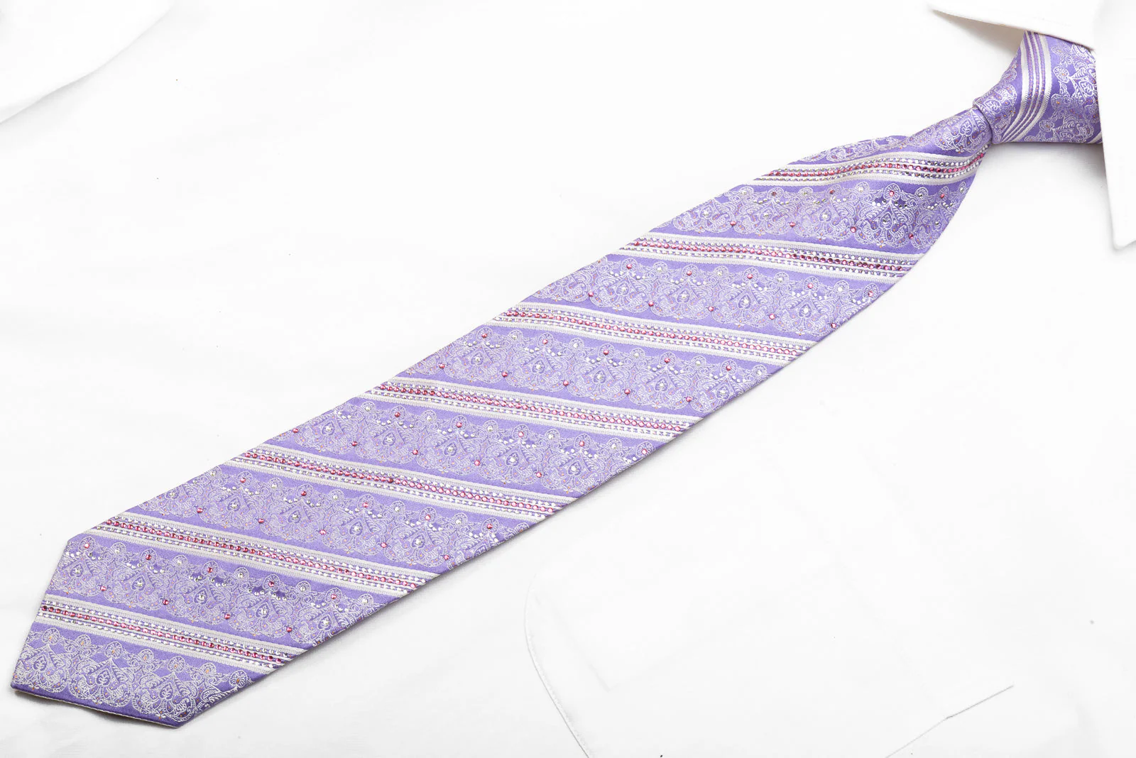 Nicole St Giles Men's Rhinestone Silk Necktie White Striped On Mauve With Gold Sparkles - Image 4