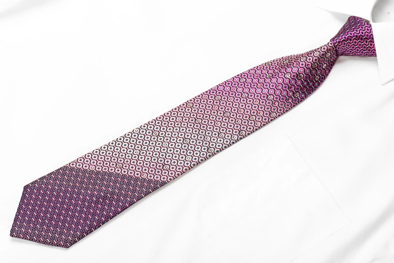 Nicole St Giles Mens Crystal Silk Necktie Geometric On Purple With Silver Sparkles - Image 2