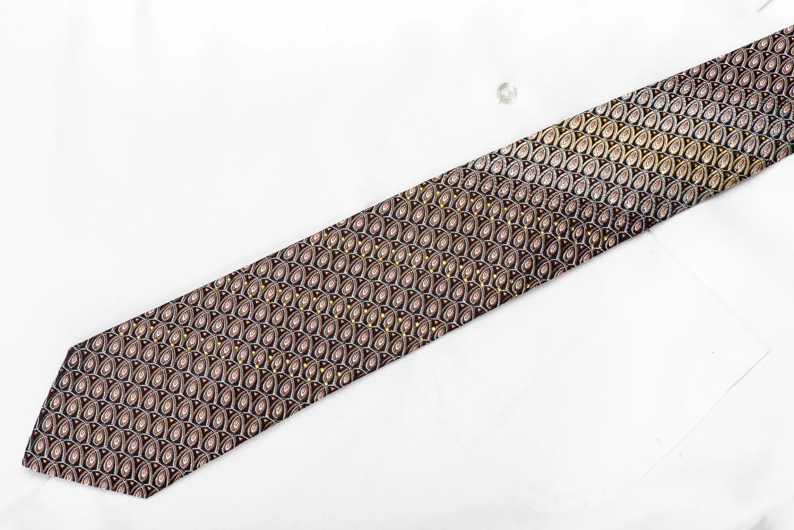 Nicole St Giles Mens Crystal Silk Necktie Silver Brown Orange Geometric On Black With Silver Sparkles - Image 5