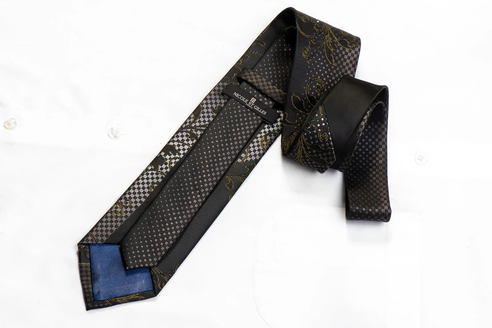 Nicole St Giles Rhinestone Silk Necktie Acanthus On Black With Gold Sparkles - Image 5