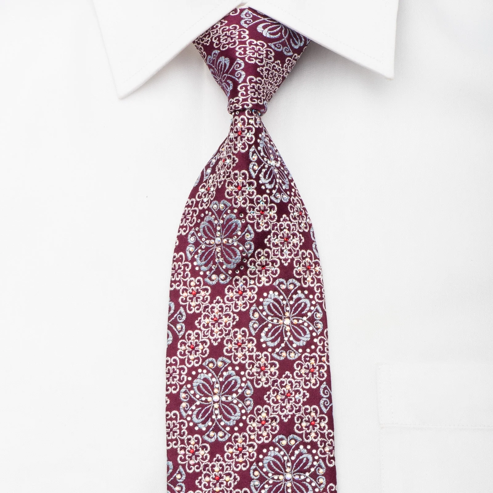 Nicole St Giles Rhinestone Silk Necktie Golden Cartouche On Burgundy With Silver Sparkles