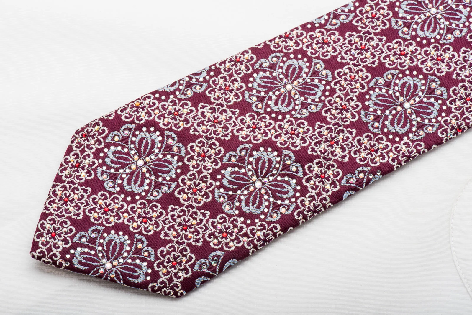 Nicole St Giles Rhinestone Silk Necktie Golden Cartouche On Burgundy With Silver Sparkles - Image 3