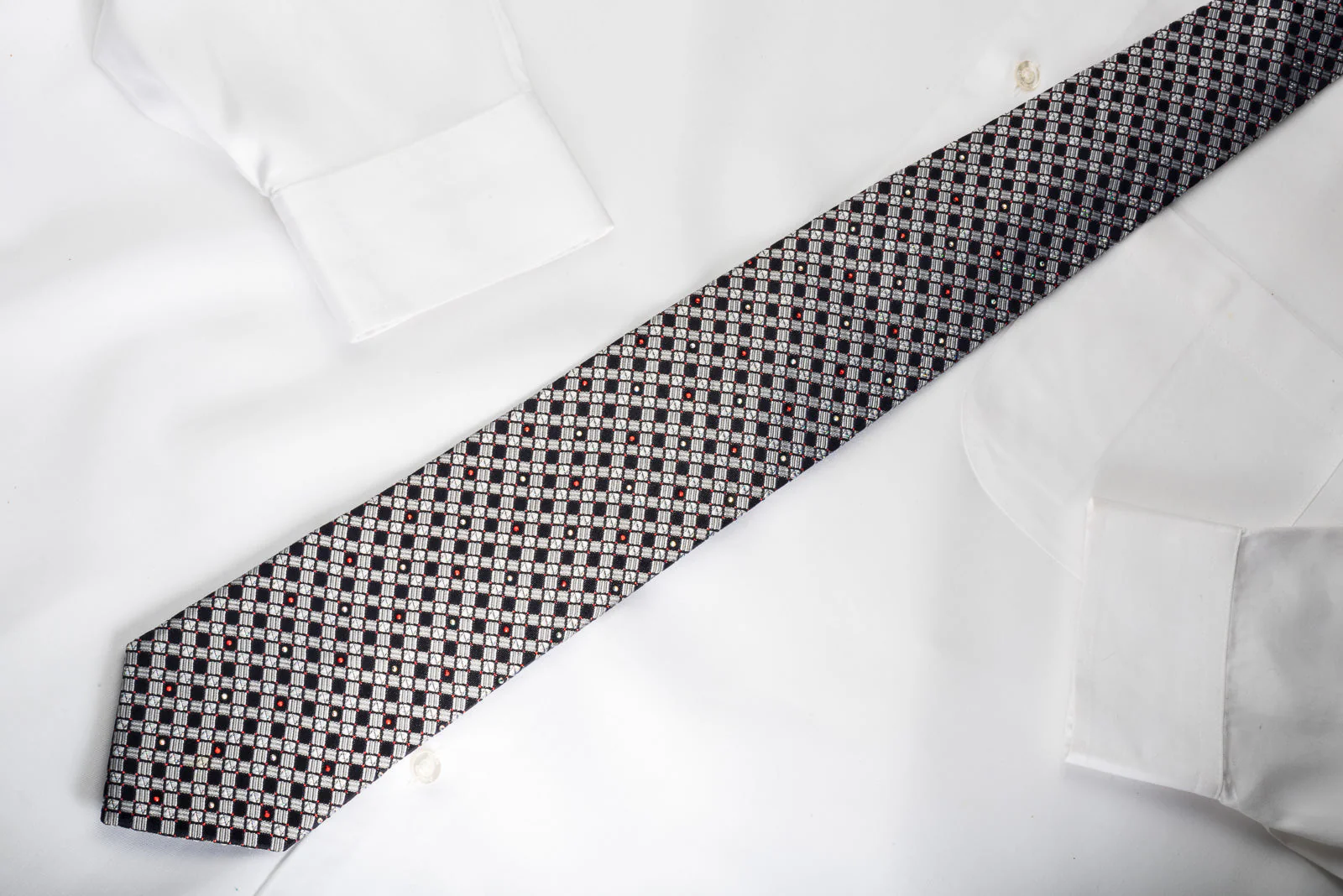 Nicole St Giles Rhinestone Silk Necktie Silver Trellis On Black With Red Sparkles - Image 3