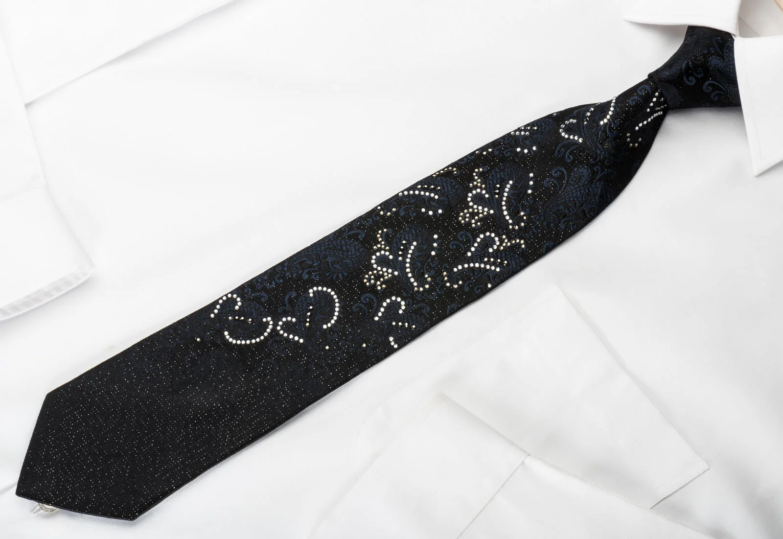 Nicole St Giles Silk Rhinestone Necktie Paisley On Black With Silver Sparkles - Image 3