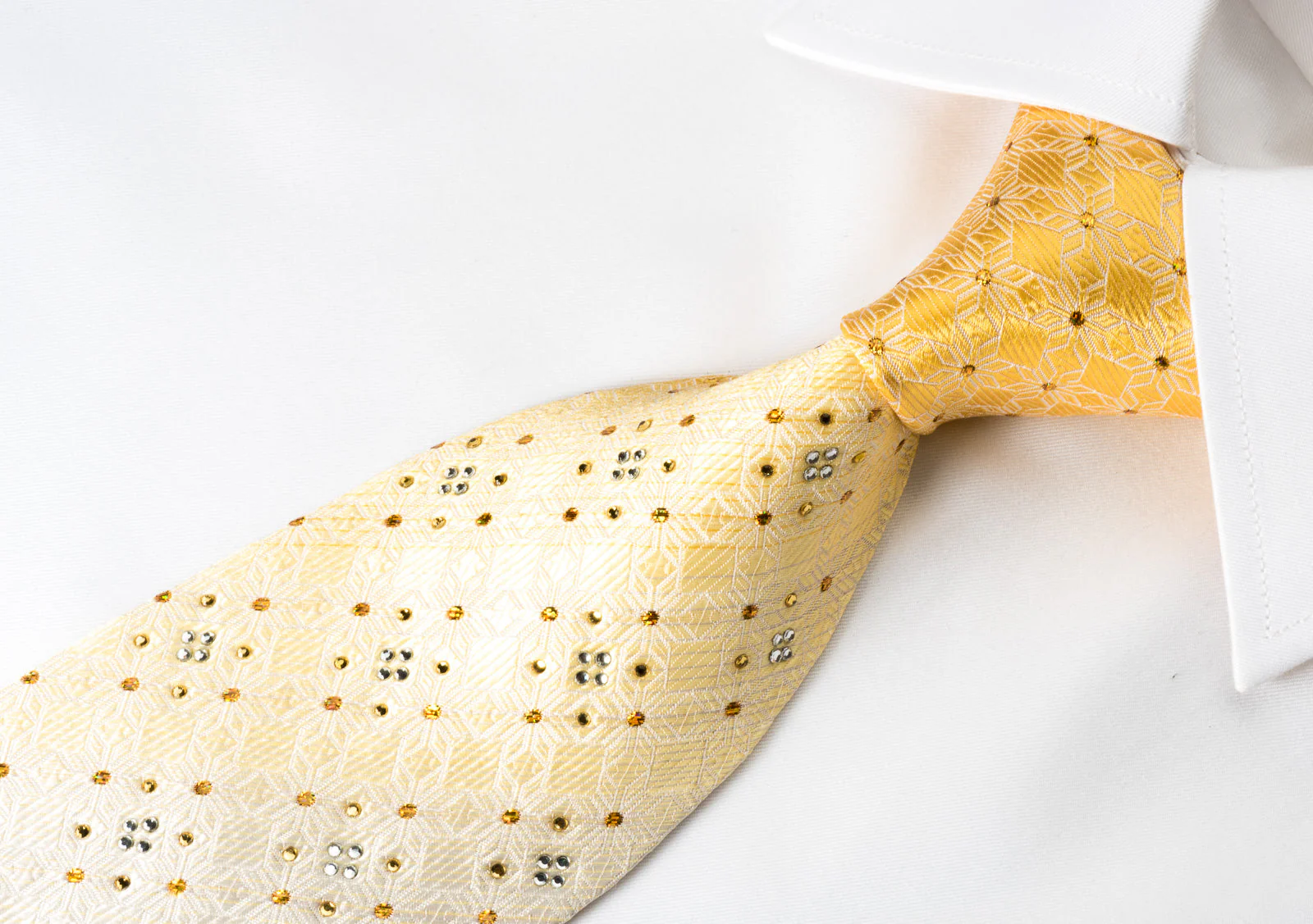 Nicole St Giles Silk Rhinestone Tie Jacquard Woven Checker On Yellow Silver With Golden Sparkles - Image 5