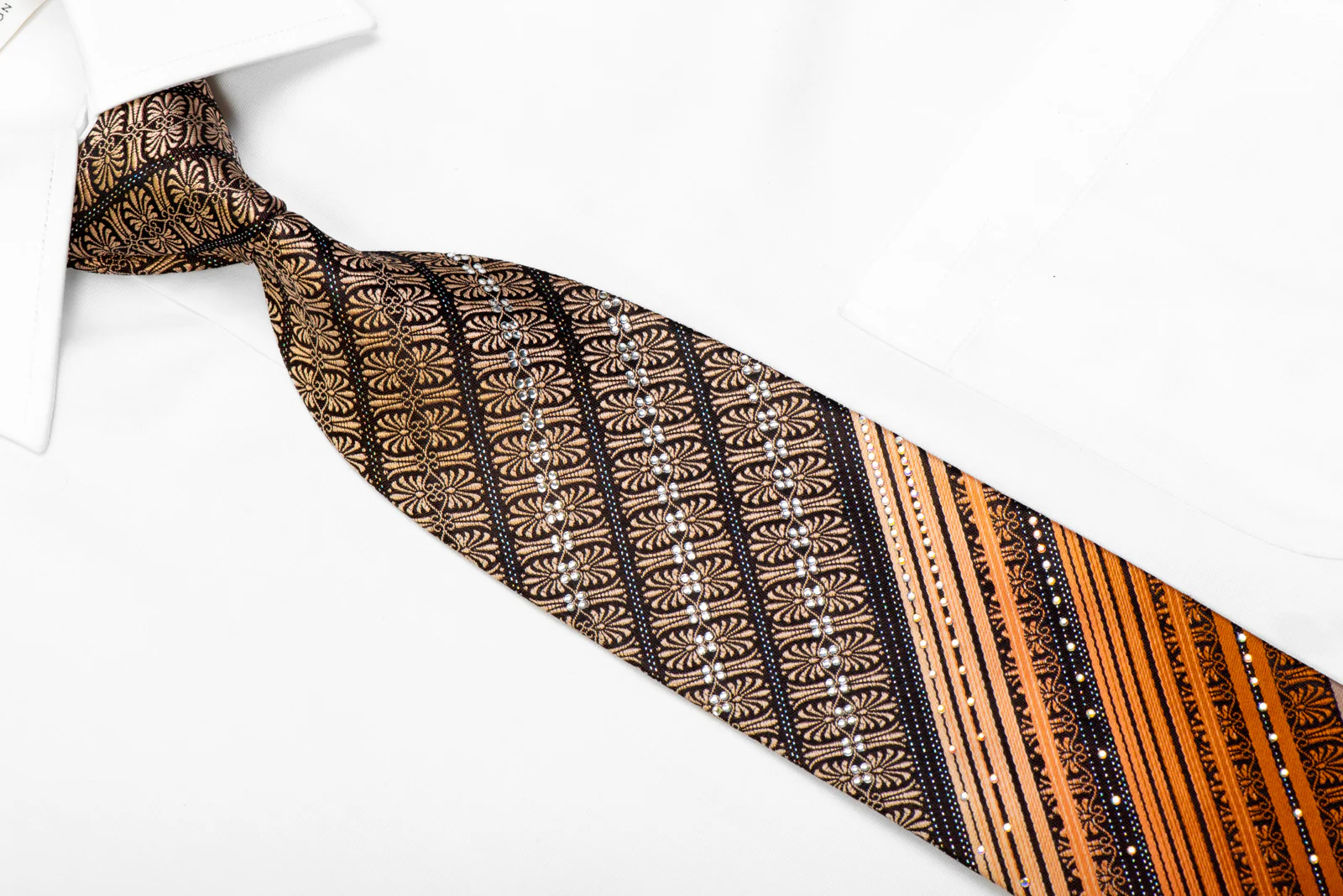 Nicole St Giles Tie Orange Brown Striped Anthemion On Black With Sparkles - Image 2