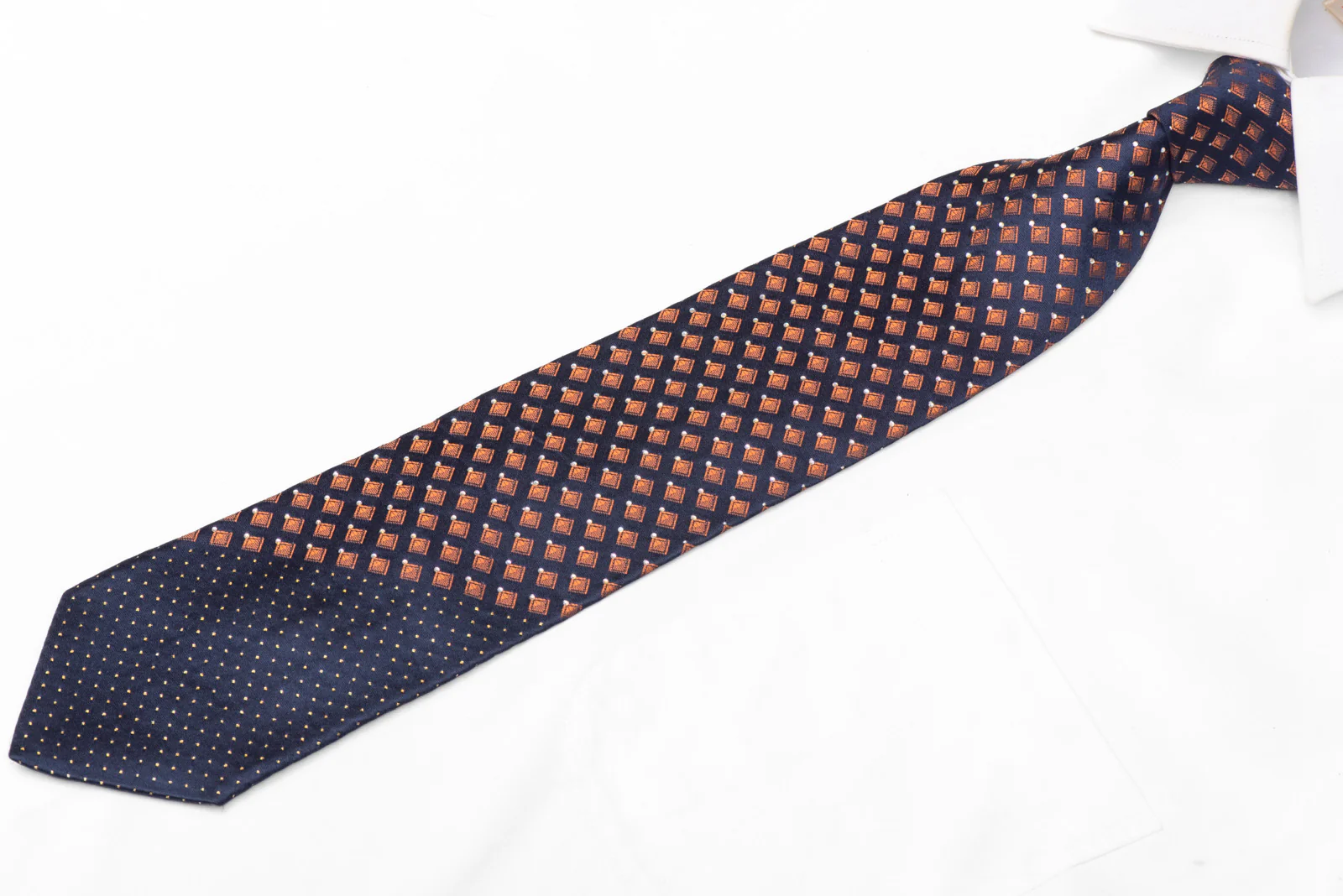 Orange Geometric On Navy Blue Rhinestone Silk Necktie With Gold Sparkles - Image 2