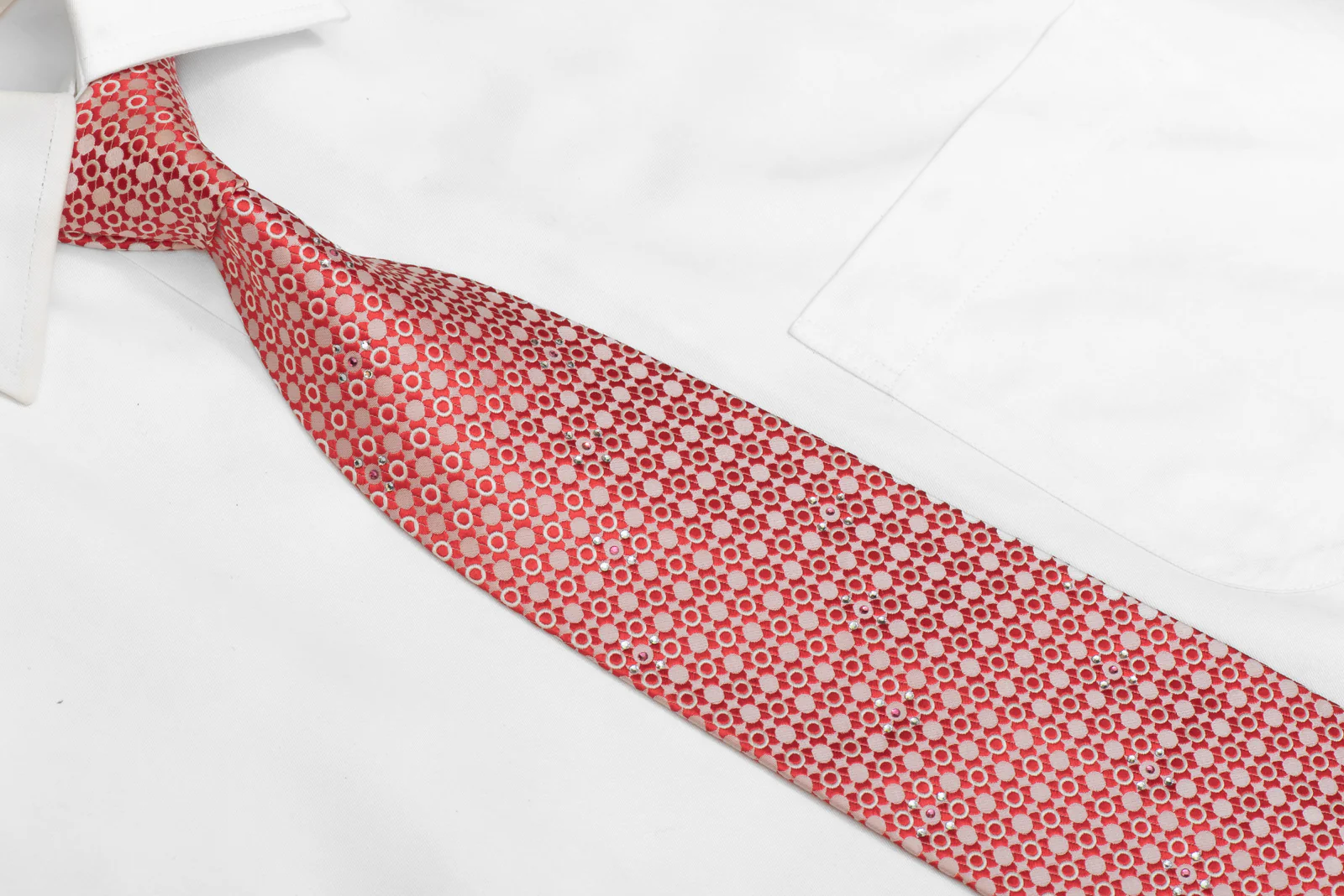 Red Geometric Design On Peach Rhinestone Silk Necktie - Image 2