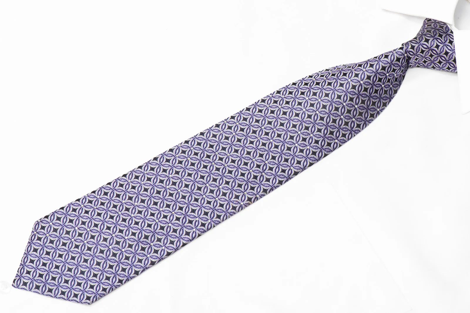 Interlocking Geometric Circles On Navy Blue Rhinestone Silk Necktie - Image 3