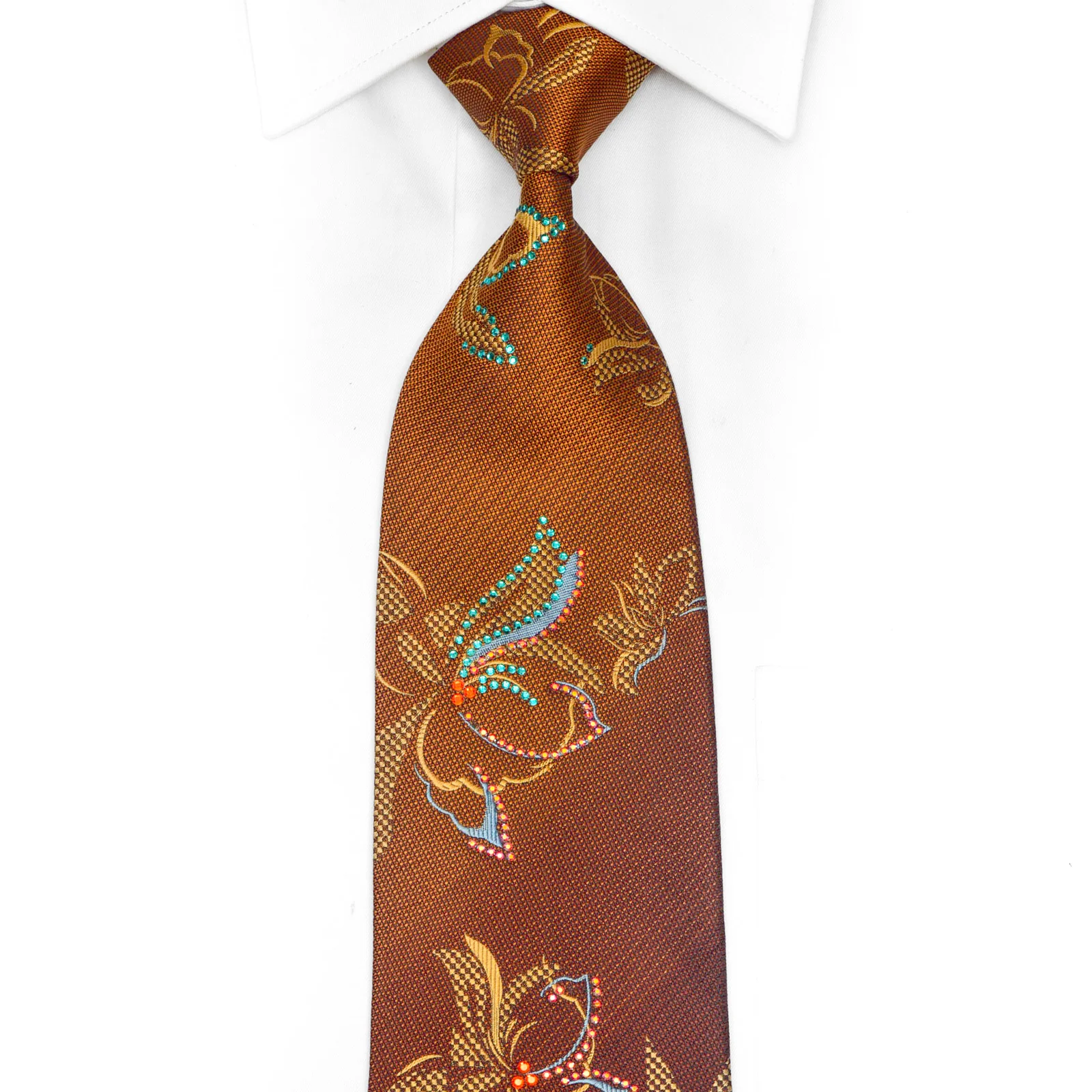 Orange Floral On Brown Rhinestone Necktie