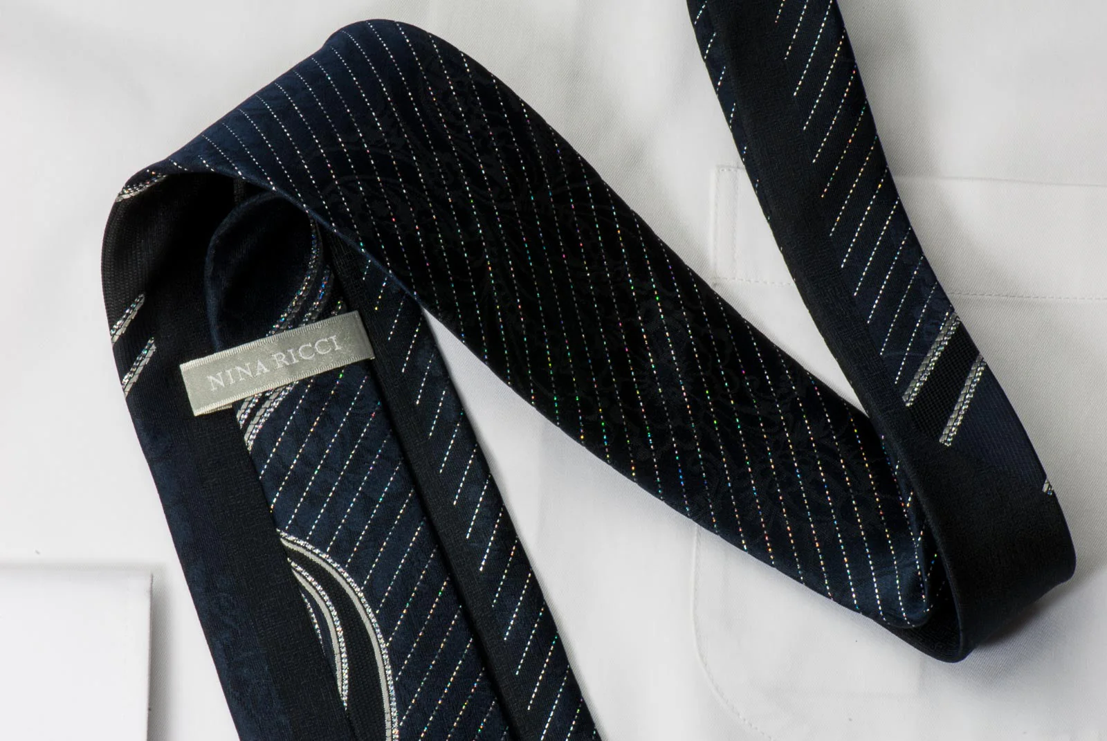 Nina Ricci Black Silk Rhinestone Necktie With Bling Silver Waves With Striped Silver Sparkles - Image 4