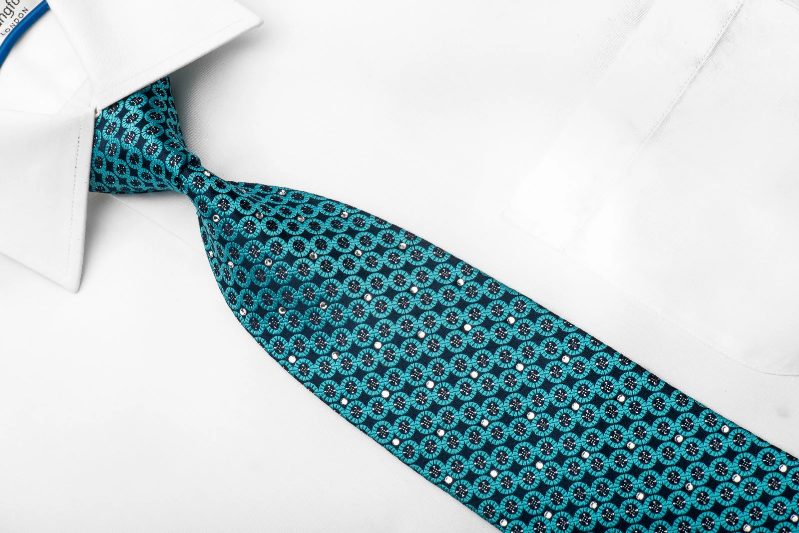 Nina Ricci Men's Crystal Rhinestone Silk Necktie Geometric Circles On Turquoise With Silver Sparkles - Image 2