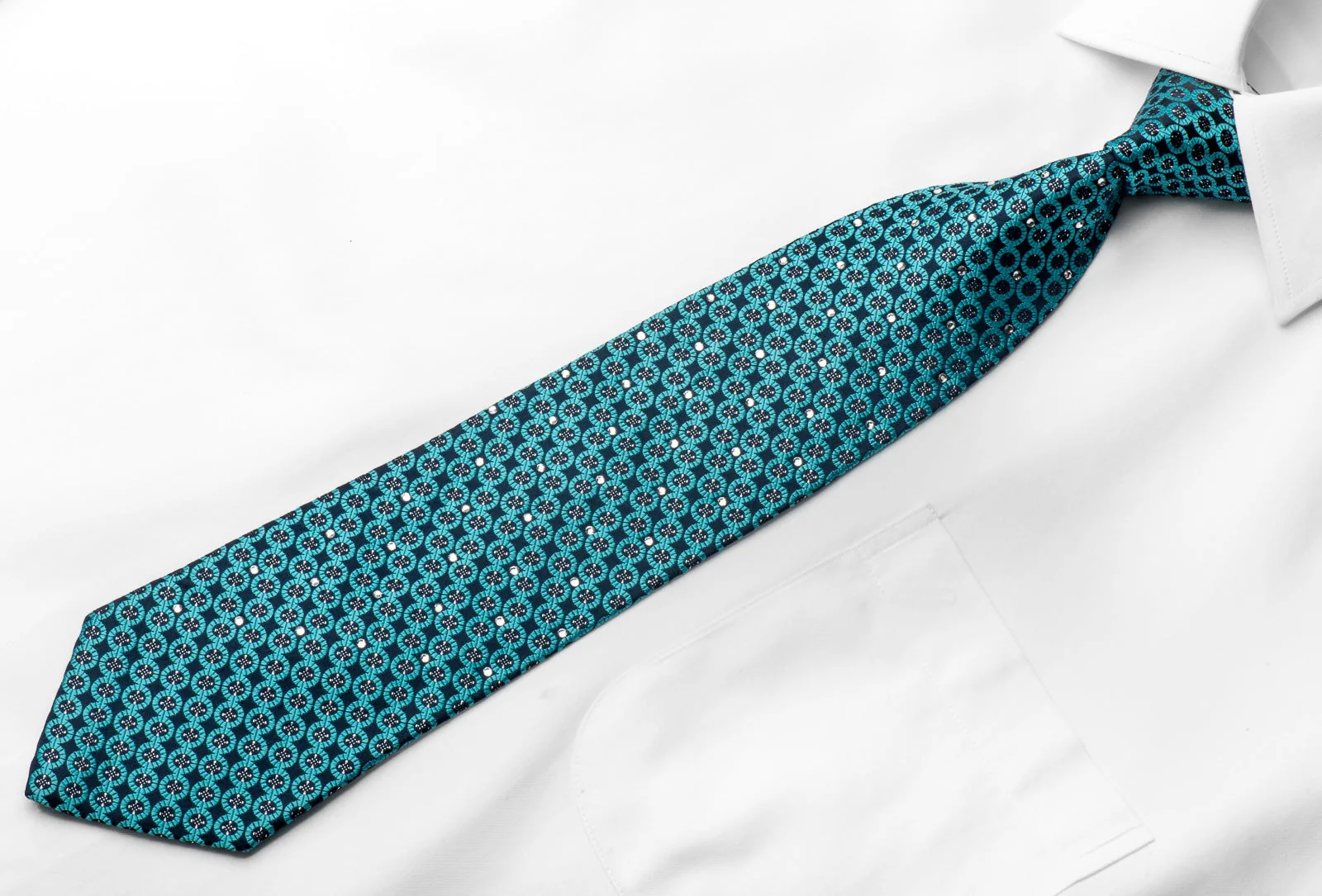 Nina Ricci Men's Crystal Rhinestone Silk Necktie Geometric Circles On Turquoise With Silver Sparkles - Image 3