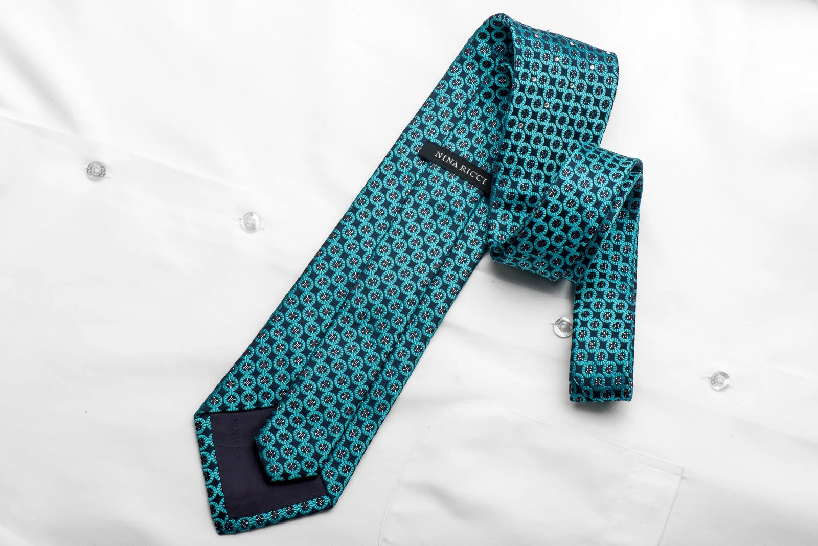 Nina Ricci Men's Crystal Rhinestone Silk Necktie Geometric Circles On Turquoise With Silver Sparkles - Image 4