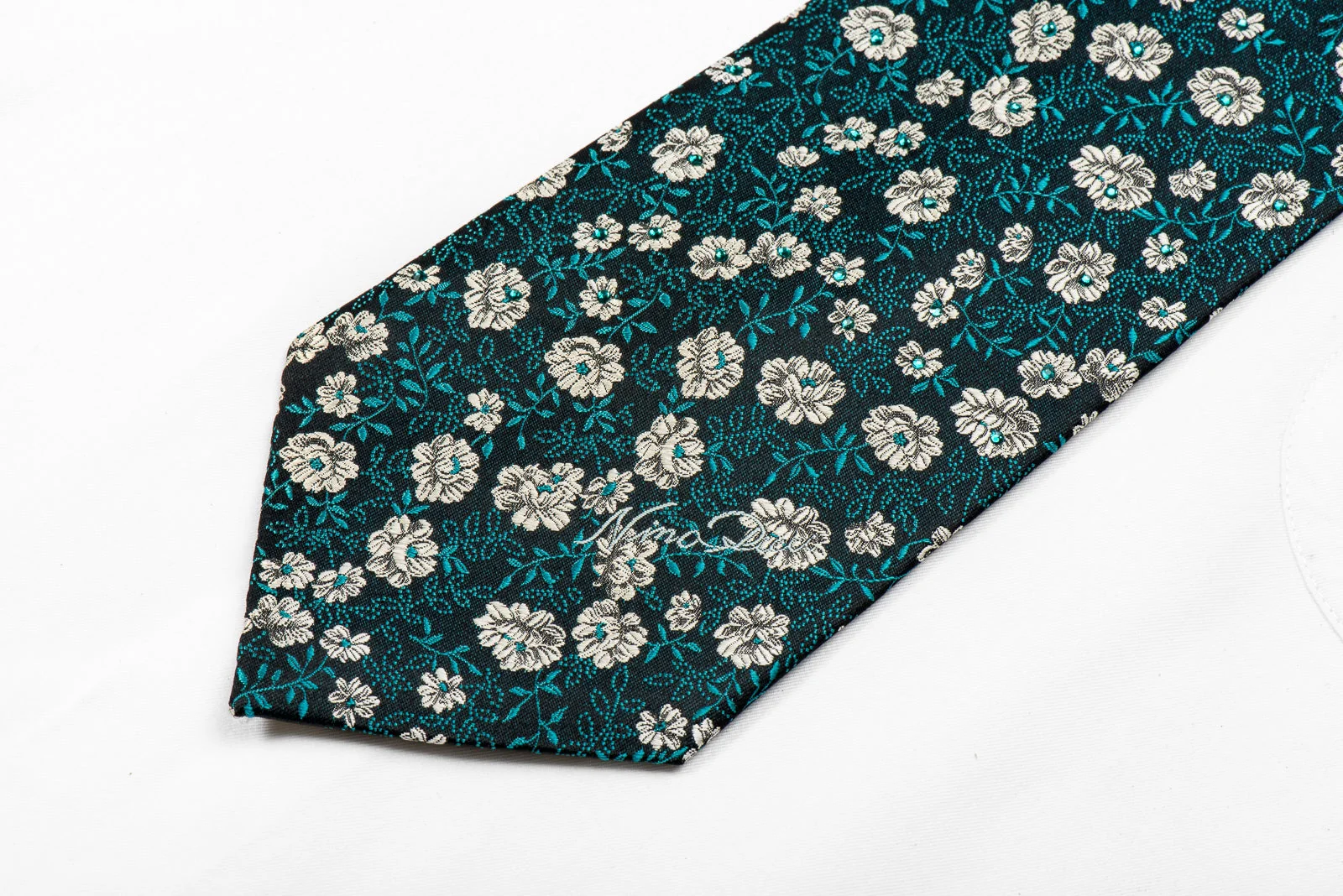 Silver Floral On Navy Rhinestone Silk Tie Sparkling With Rhinestones - Image 3