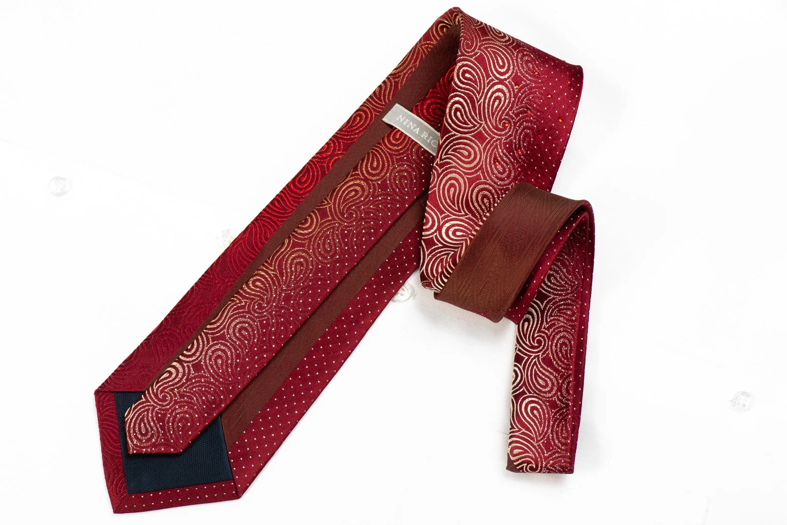 Nina Ricci Men's Crystal Silk Necktie Paisley On Burgundy With Silver Sparkles - Image 4