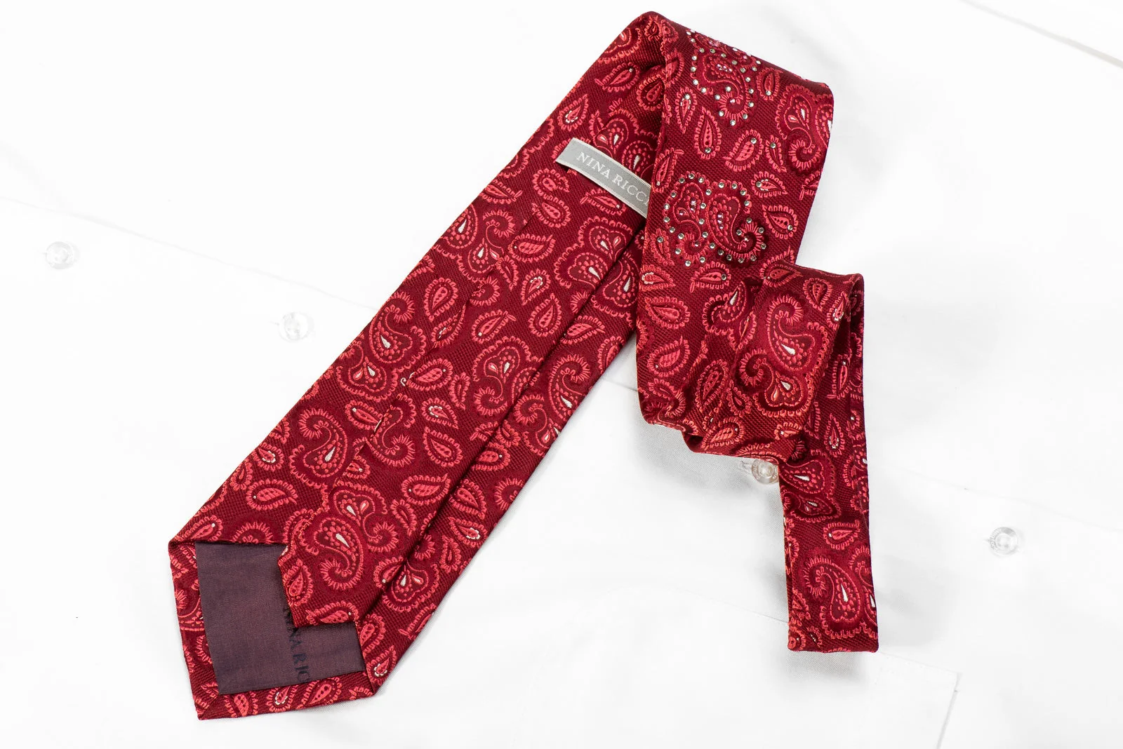 Nina Ricci Men's Crystal Silk Necktie Paisley On Red Sparkling With Rhinestones - Image 4