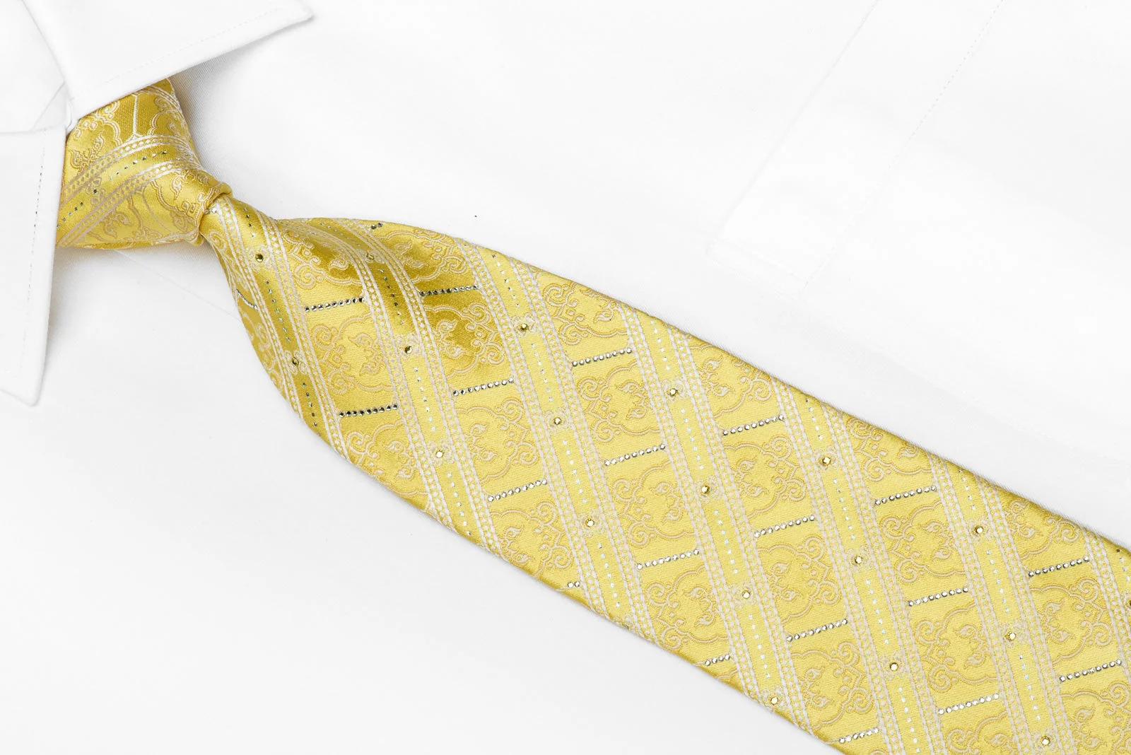 Nina Ricci Men's Crystal Silk Necktie White Stripes & Cartouche On Yellow With Silver Sparkles - Image 2