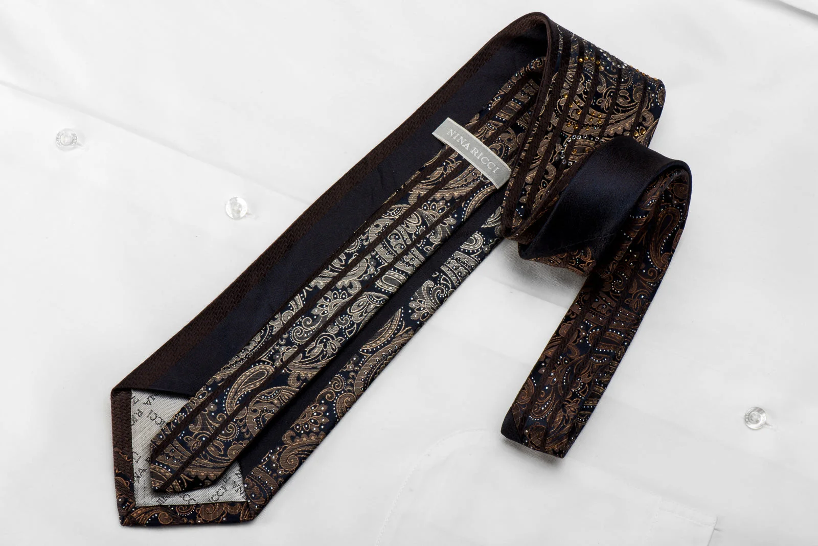 Nina Ricci Men's Crystal Silk Tie Brown Paisley On Navy With silver Sparkles - Image 5