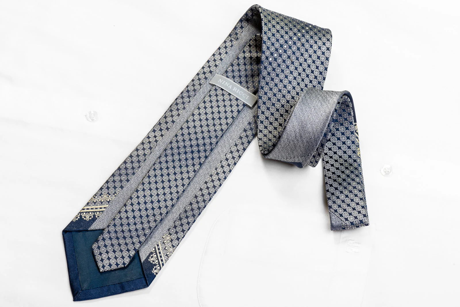 Nina Ricci Men's Rhinestone Silk Necktie Silver Quatrefoil On Navy With Sparkles - Image 4