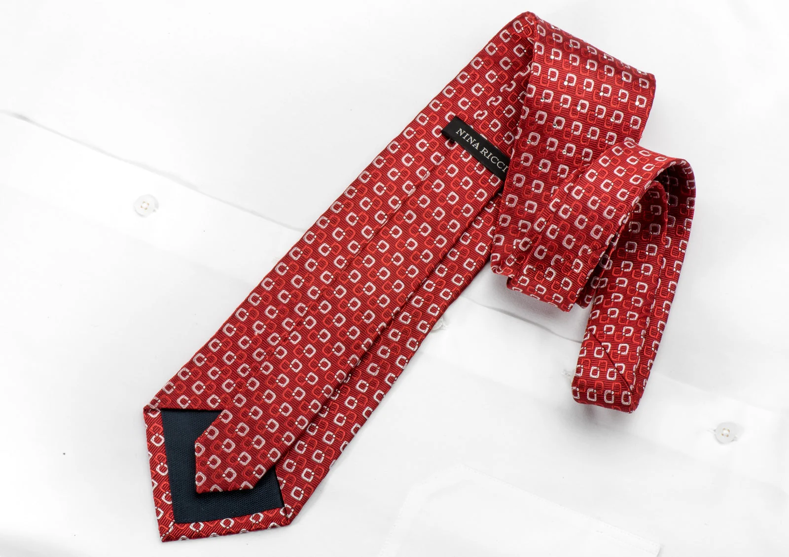 Nina Ricci Men's Rhinestone Tie Interlocking Squares On Red With Silver Sparkles - Image 4