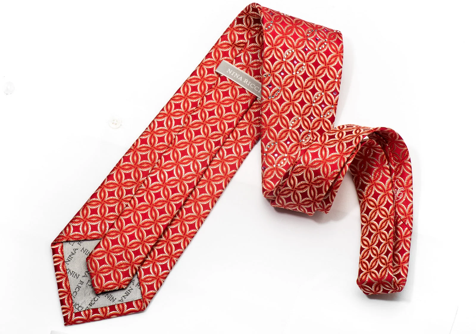 Nina Ricci Men's Silk Diamate Necktie Interlocking Circles On Red With Crystal Rhinestones - Image 3