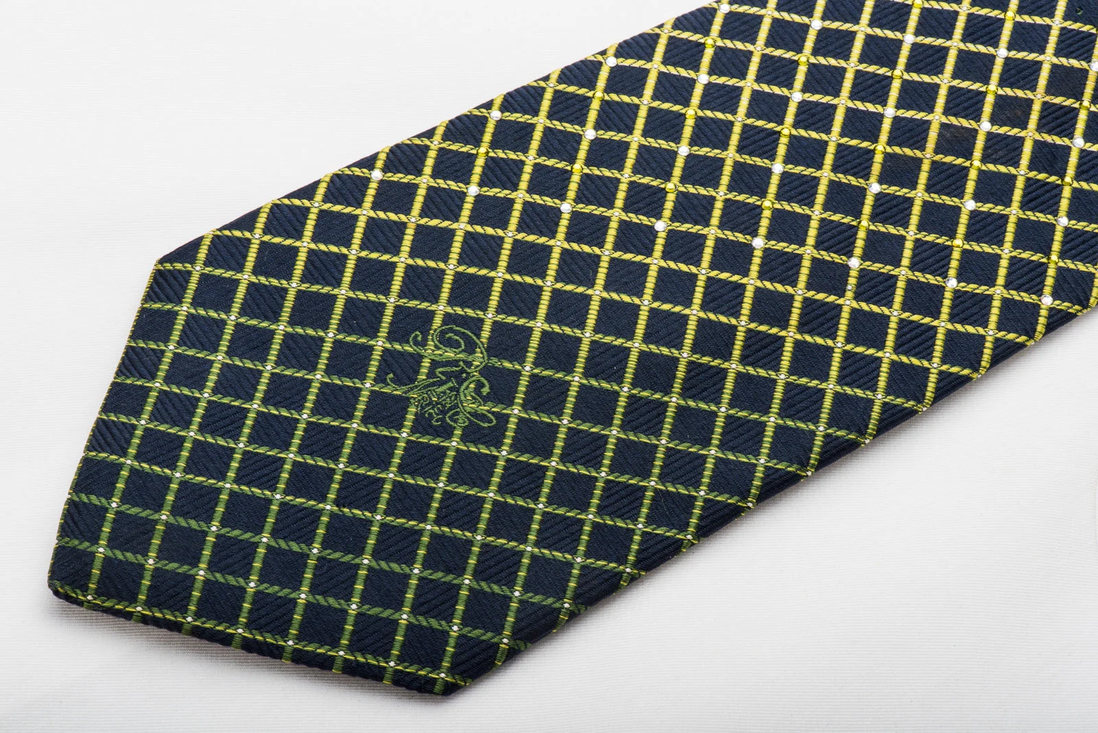 Nina Ricci Men's Silk Necktie Green Trellis On Navy Blue Sparkling With Crystal Rhinestones - Image 2