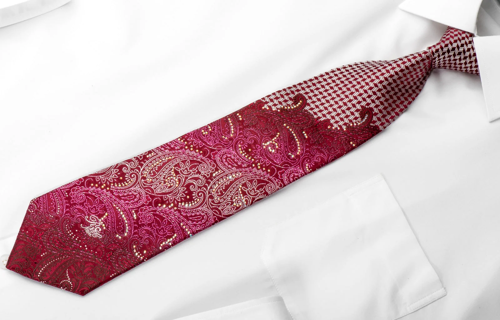 Nina Ricci Men's Silk Necktie Paisley On Burgundy Sparkling With Rhinestones - Image 4