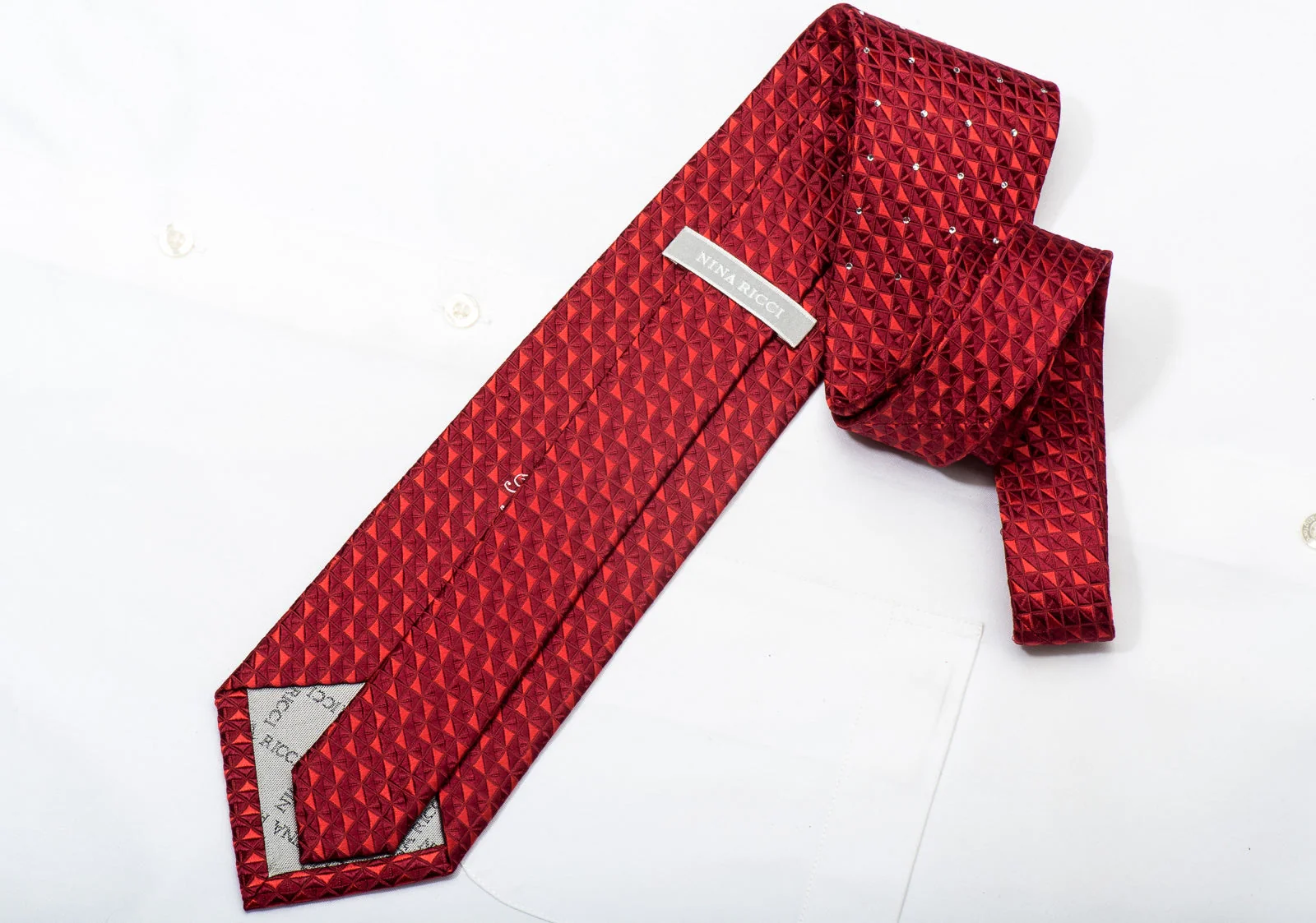 Nina Ricci Men's Silk Tie Checkered On Red Sparkling With Rhinestones - Image 4