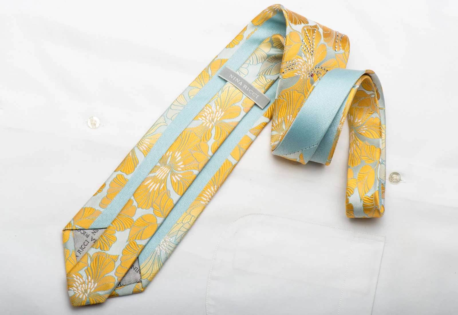 Nina Ricci Men's Silk Tie Orange Floral On Light Blue Sparkling With Rhinestones - Image 6