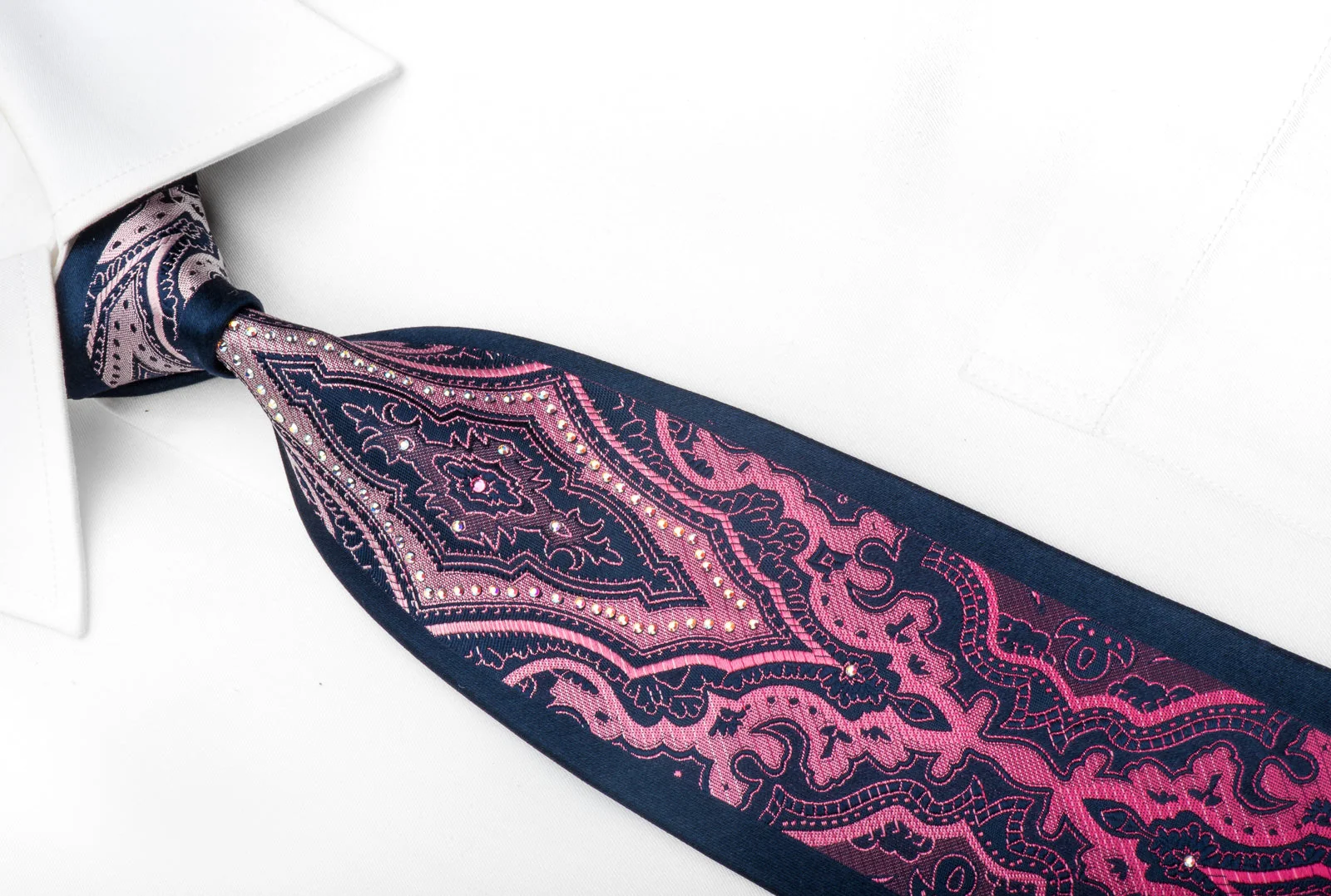 Silk Tie Purple Damask On Navy Sparkling With Crystal Rhinestones - Image 2