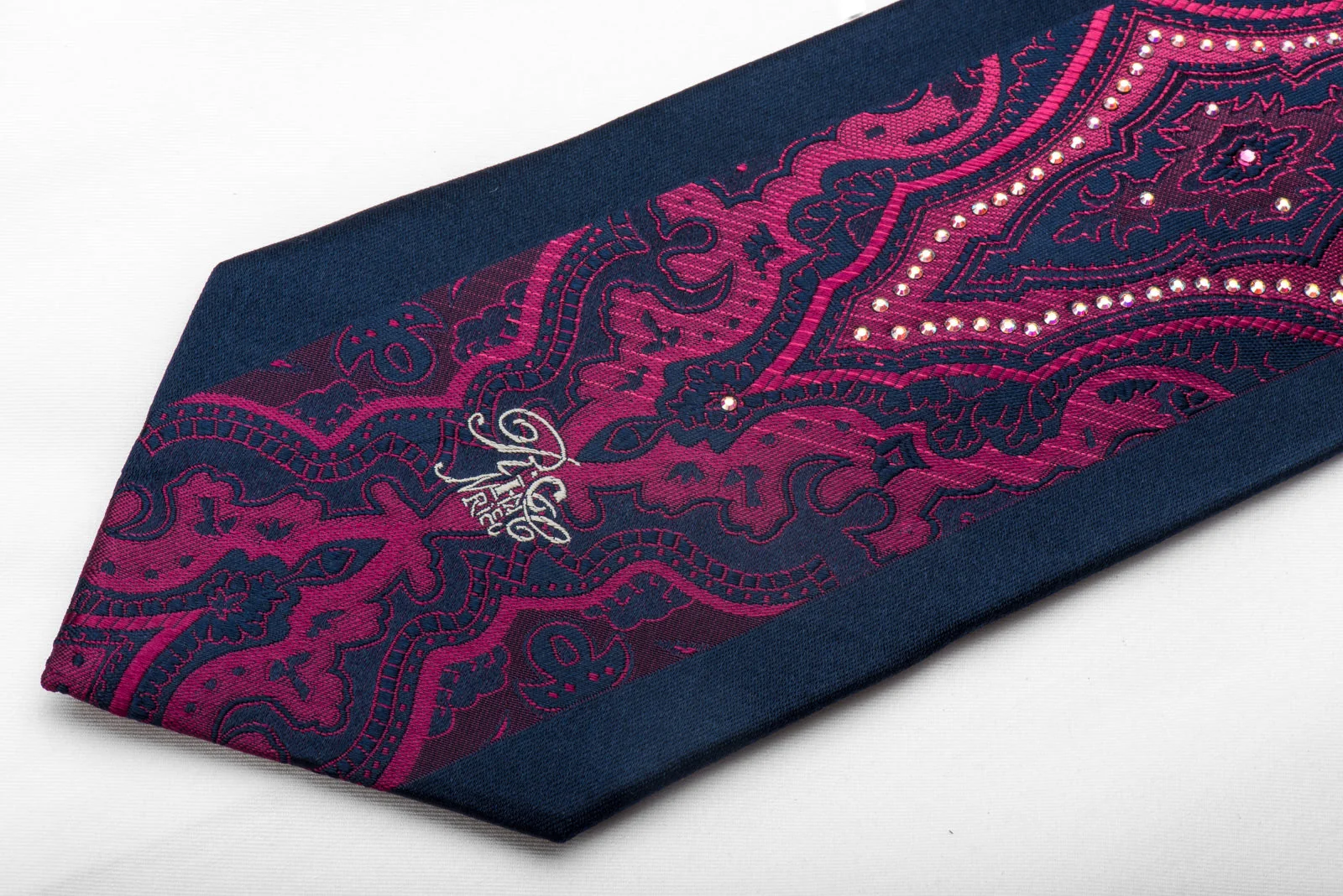 Silk Tie Purple Damask On Navy Sparkling With Crystal Rhinestones - Image 3