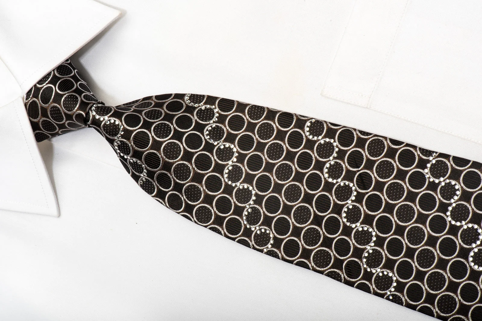 Nina Ricci Men's Silk Tie Silver Circles On Black Sparkling With Rhinestones - Image 2
