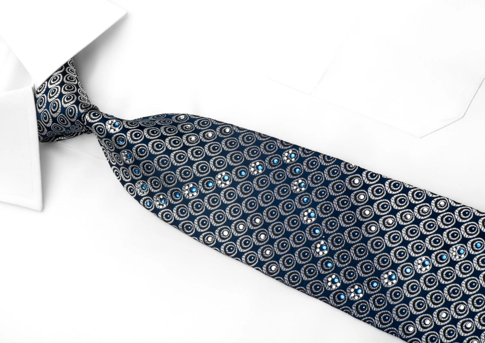Nina Ricci Men's Silk Tie Silver Geometric On Blue Sparkling With Crystal Rhinestones - Image 2