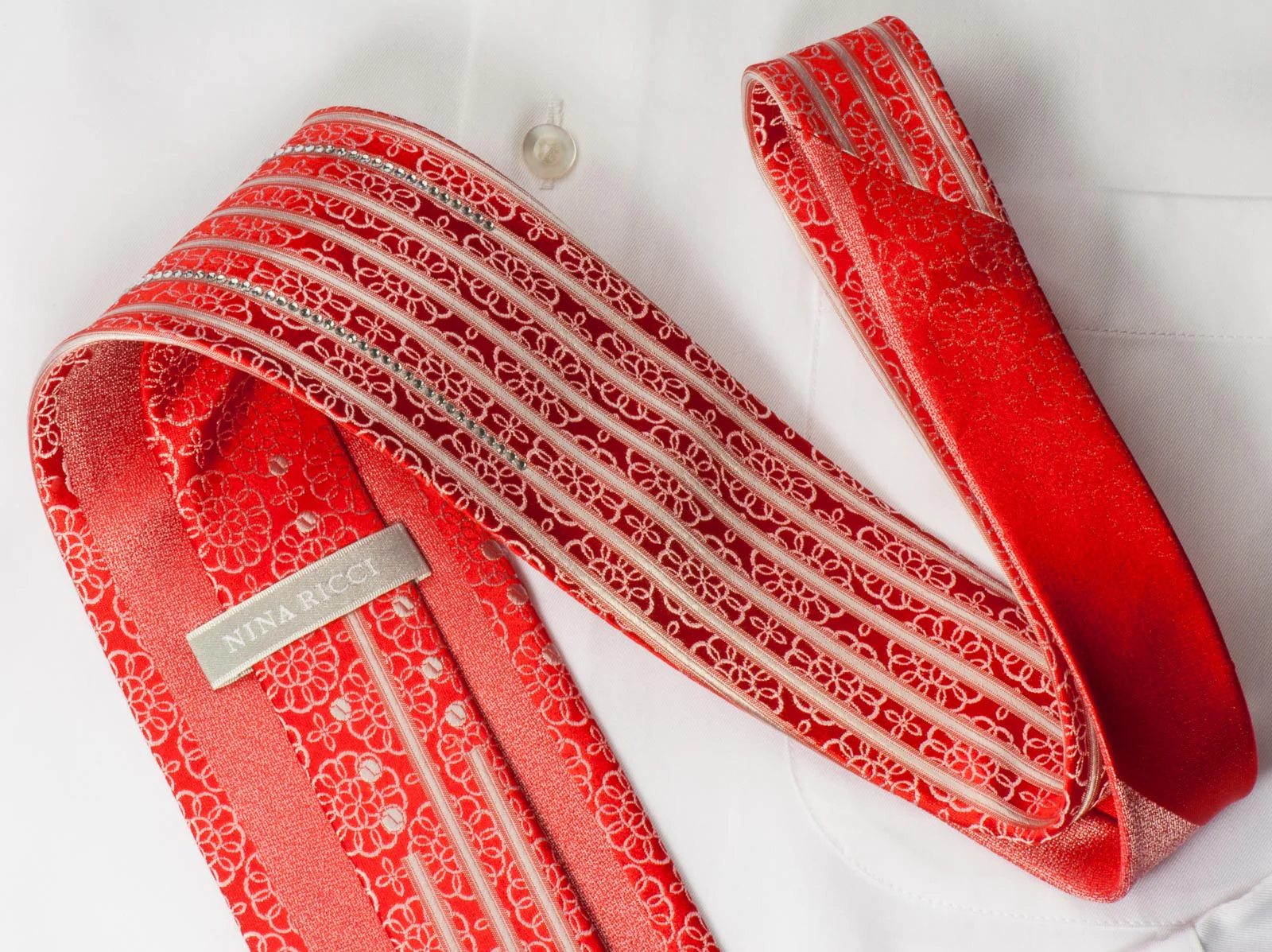 Nina Ricci Men's Silk Tie Silver Medallions On Red With Crystal Rhinestones - Image 4