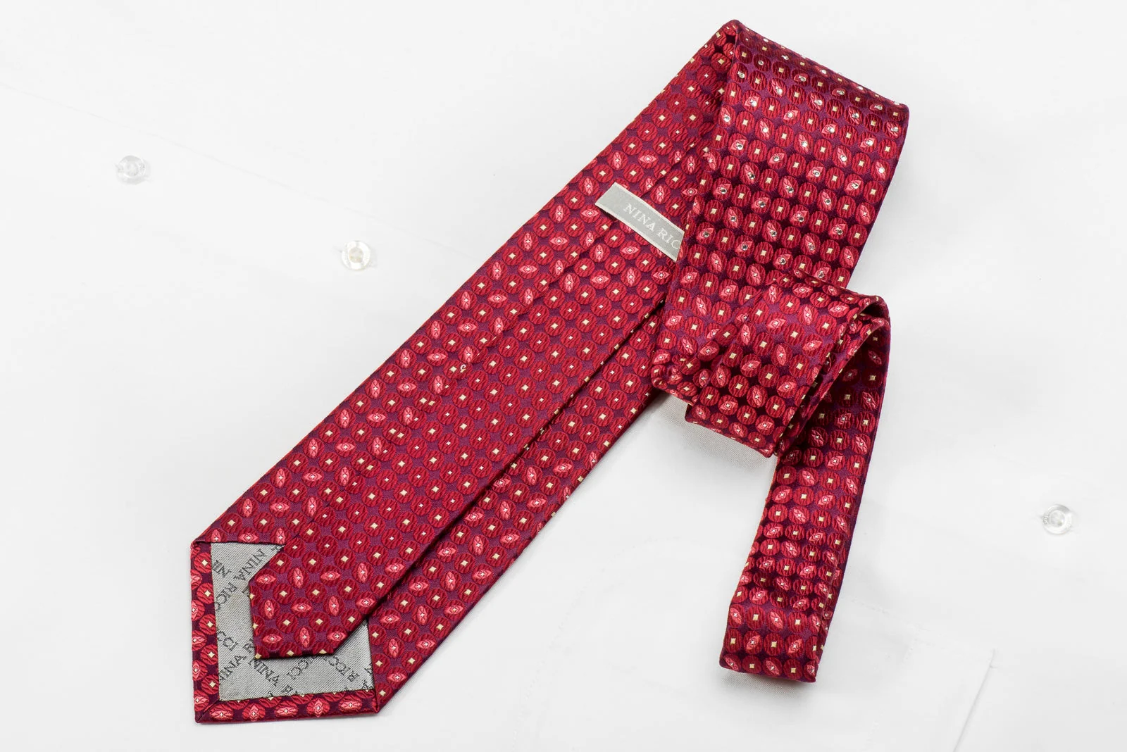 Nina Ricci Mens Crystal Silk Tie Red Geometric Circles On Purple Sparkling With Rhinestones - Image 4