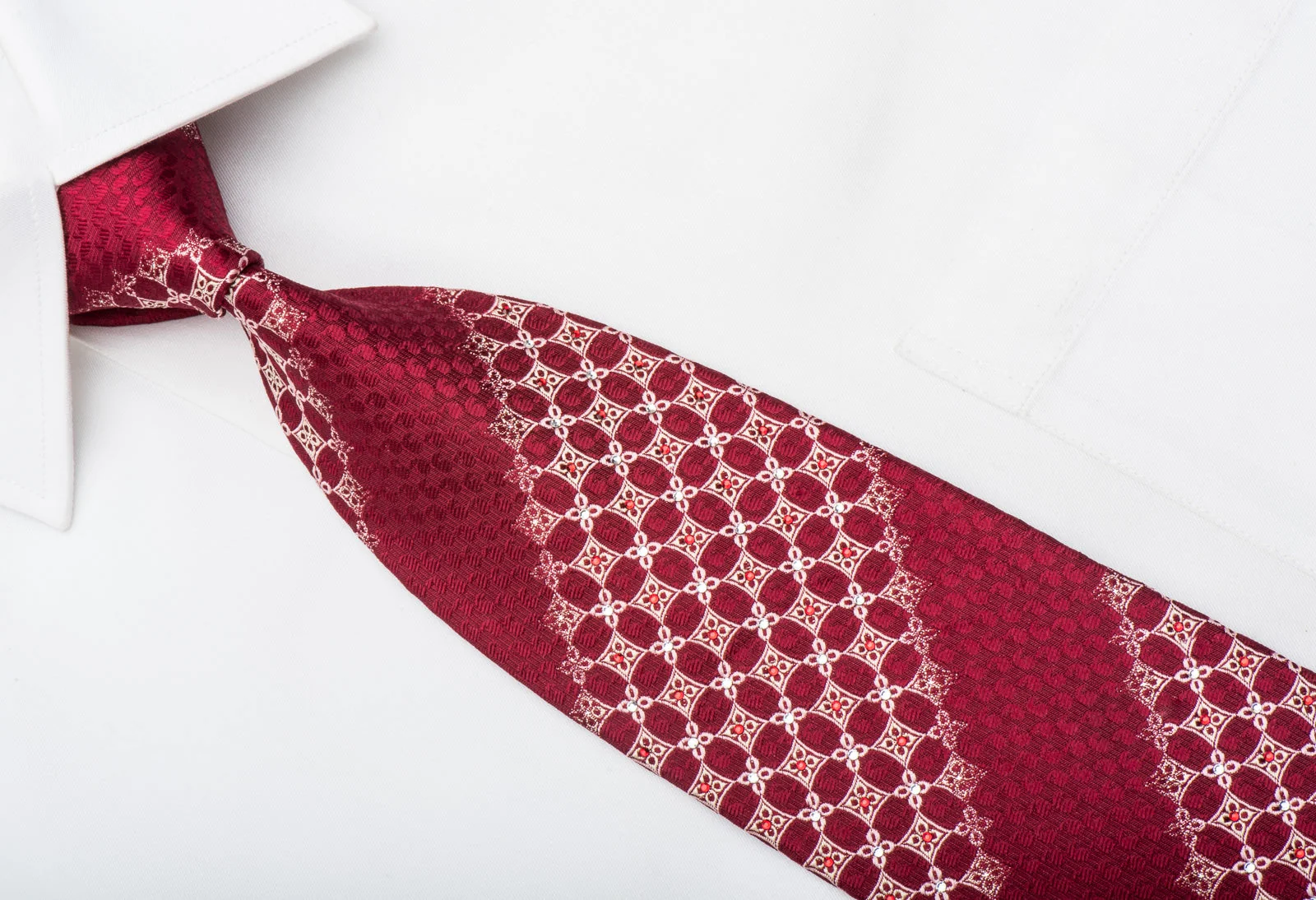 Nina Ricci Mens Rhineston Silk Necktie Gold Geometric On Burgundy With Silver Sparkles - Image 2