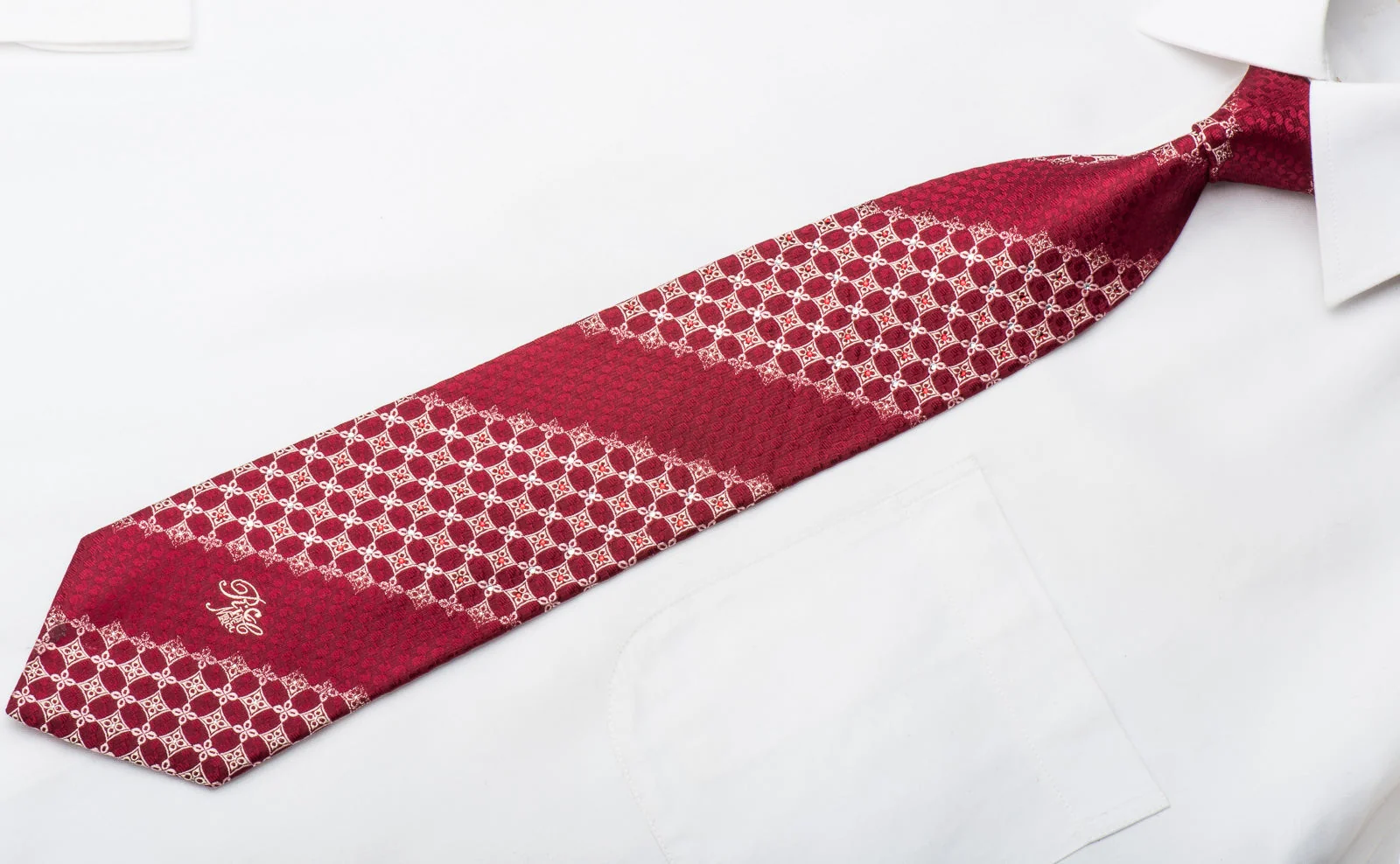 Nina Ricci Mens Rhineston Silk Necktie Gold Geometric On Burgundy With Silver Sparkles - Image 4