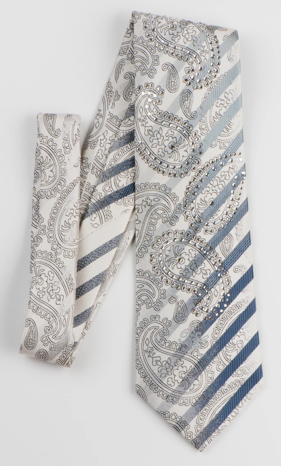 Nina Ricci Mens Silk Rhinestone Neck Tie Silver Stripes & Paisley On White - Image 4