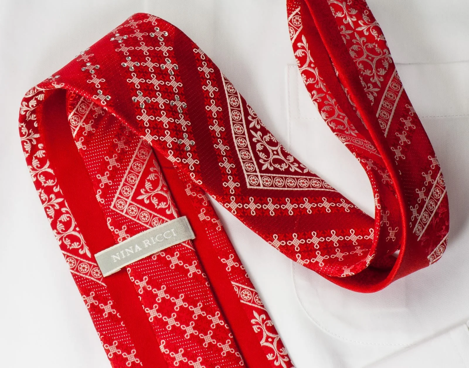 Cartouche Fleur De Lis On Red Rhinestone Necktie With Silver Sparkles - Image 5