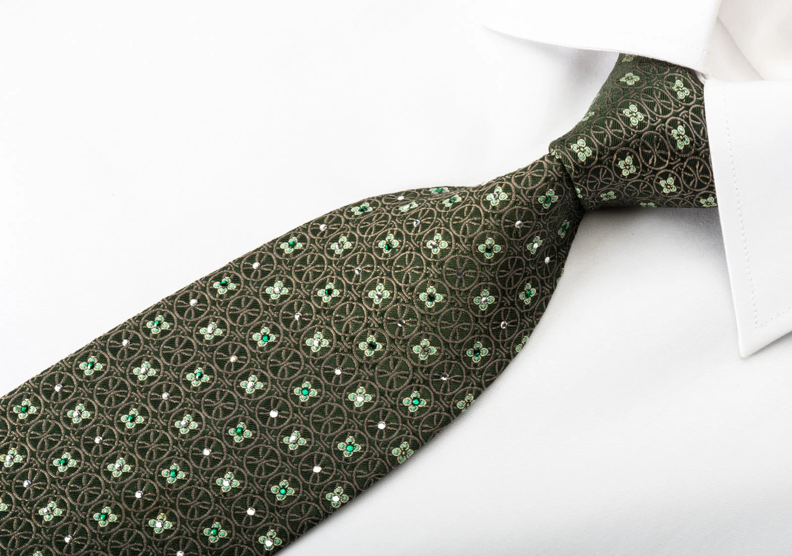 Nina Ricci Rhinestone Necktie Floral & Geometric Circles On Green Silk - Image 4